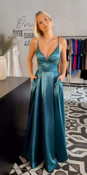 Roheline luksuslik satiinkangast maksikleit 2082